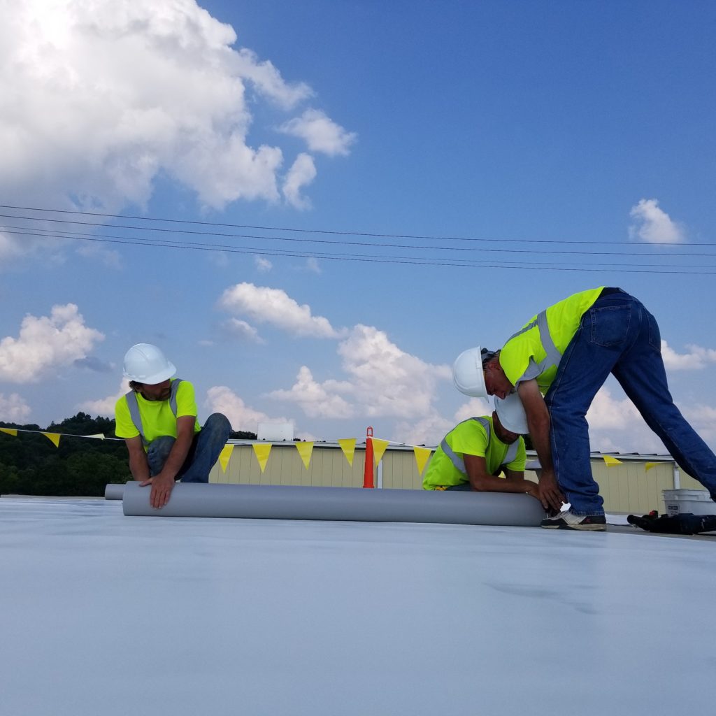 3 roofers rolling out latex to get surface ready for application